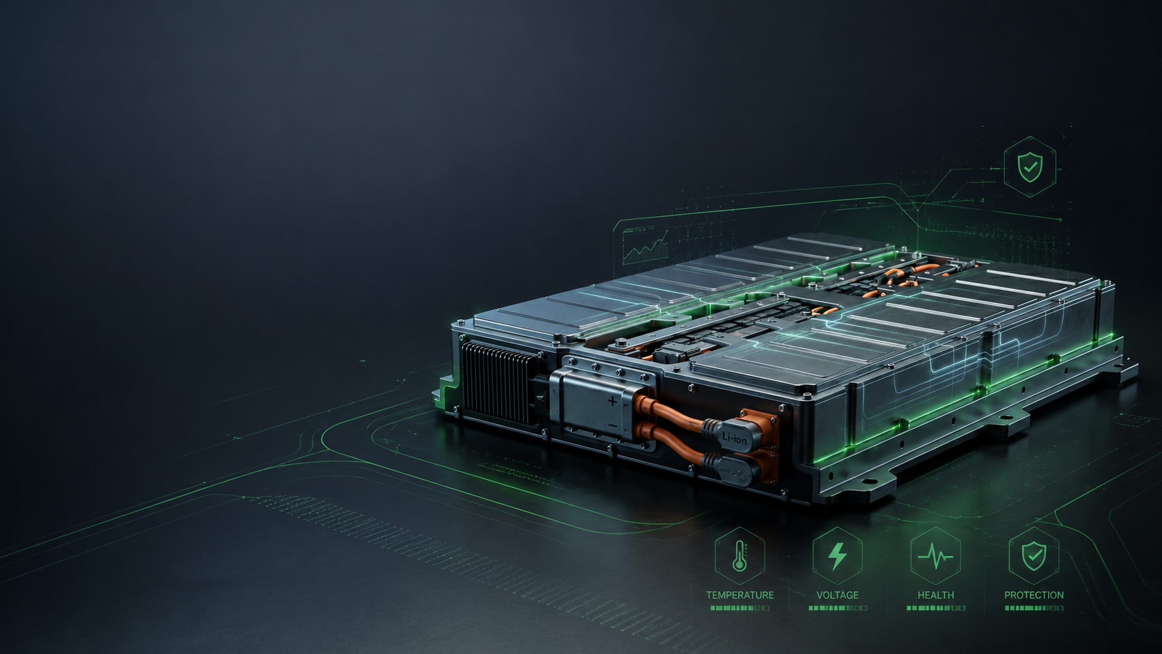Exploded view of an electric vehicle battery pack with BMS electronics